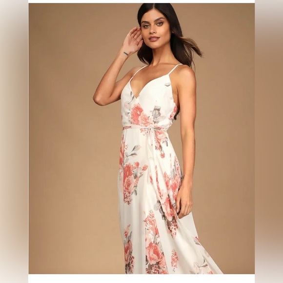 Lulu's Elegantly Inclined Cream Floral Print Wrap Maxi Dress bridesmaid formal - Picture 1 of 11